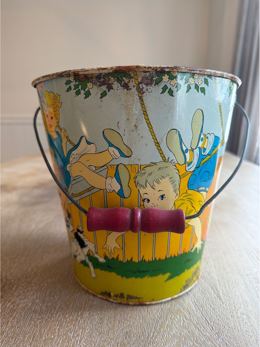 Vintage 1950 Ohio Art Tin 8” Litho Sand Pail Bucket Playground Swing Set Graphic